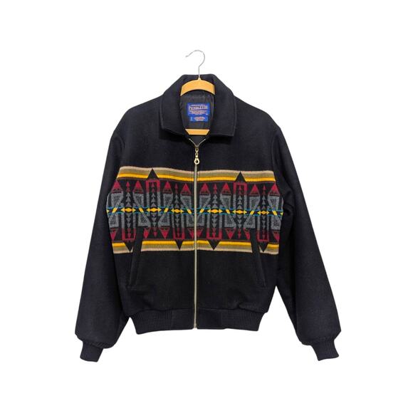 Vintage Pendleton Aztec Southwestern Full Zip Bomber Jacket Black Navajo Wool